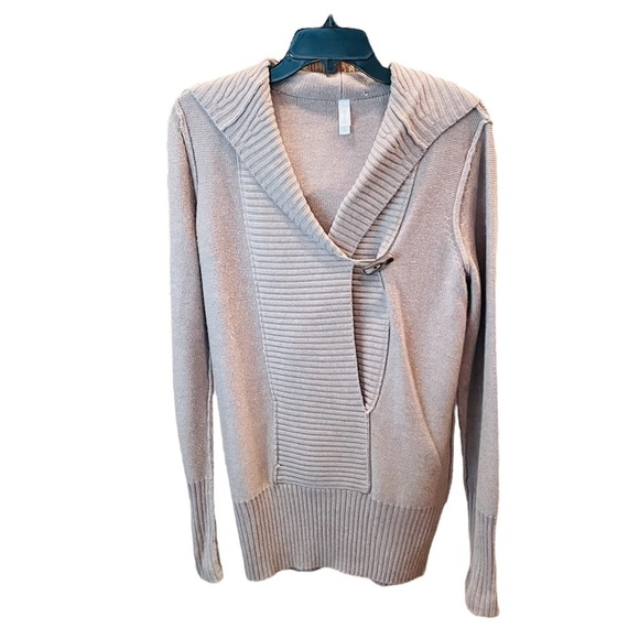 GAP Body women’s long hooded v-neck sweater toggle button SZ M tan beige - Picture 1 of 10